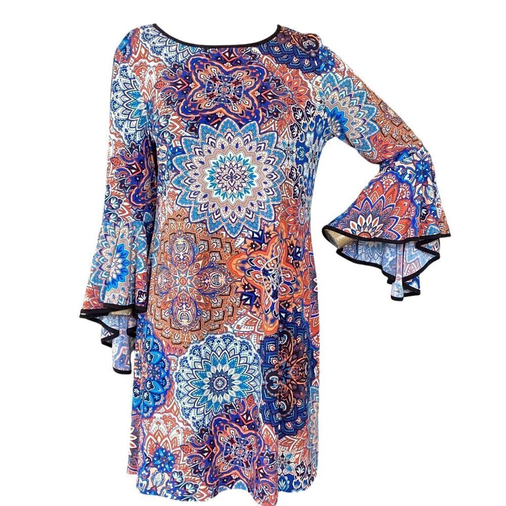 MSK BOHO Slinky Bell Sleeve‎ Shift Dress Colorful Mandala Pattern Sz L #313G